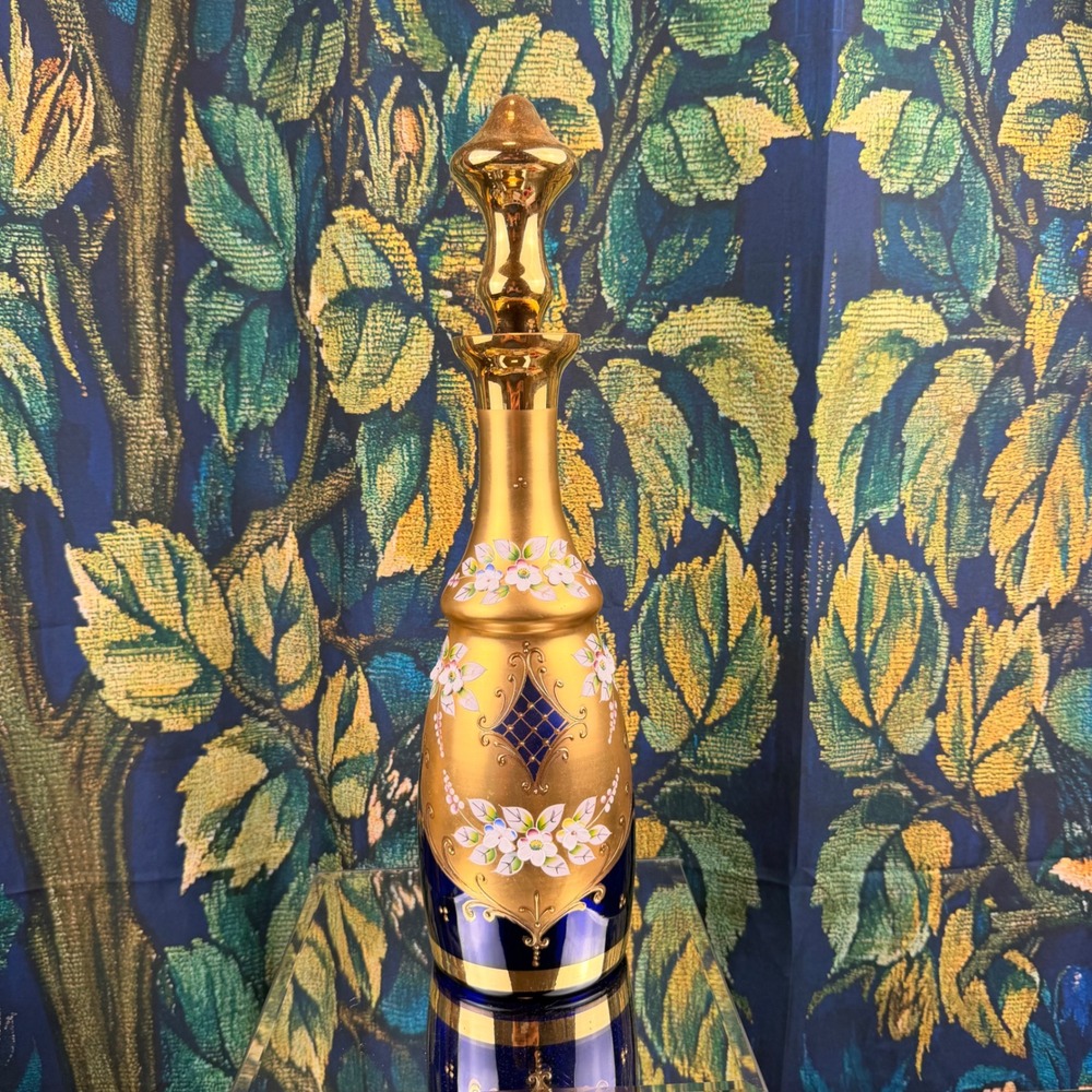 Vintage Cobalt Blue Glass Decanter 24K Gold Hand Painted Floral Murano Style 15"